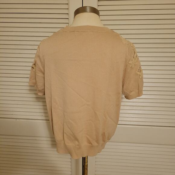 Indigo Rose Floral Lace Trim Pullover Short Sleeve Sweater Beige Womens Size L - Picture 2 of 9